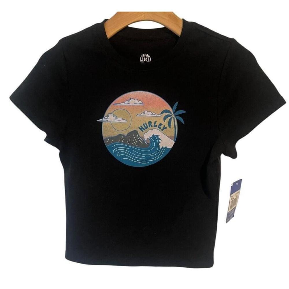 Hurley Girls Medium Black Graphic Ocean Wave Surf Tee Activewear NEW
